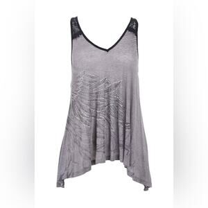 Miss Me vintage Womem's Gray Sleeveless Top Crystal Studs Black Lace